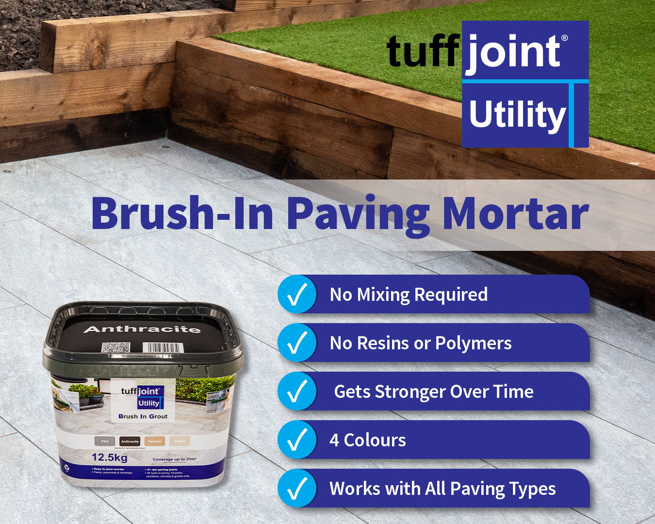 tuffjoint Cementitious Dry-Apply Jointing Mortar, 12.5 kg, for Porcelain, Sandstone, Concrete, Granite (Hessian)